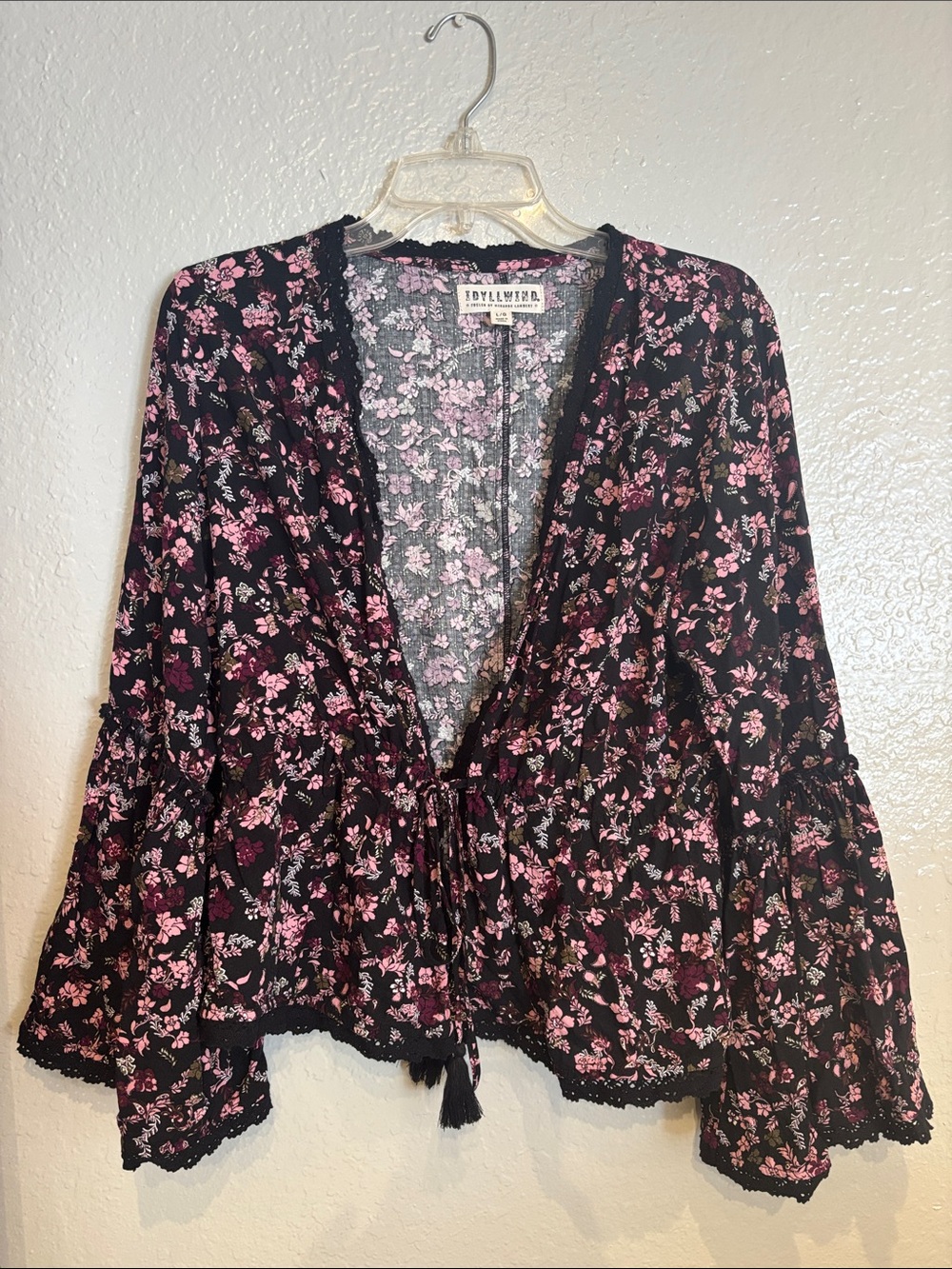 Idyllwind Floral Tie-Front Tunic Prairie Flowing Bell Sleeves Lace Trim Boho Top